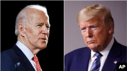 Tư liệu: Ảnh ghép, bên trái là cựu Phó Tổng Thống Joe Biden, chụp ngày 12/3/2020. Bên phải, Tổng Thống Donald Trump chụp ngày 5/4/2020. (AP Photo, File)
