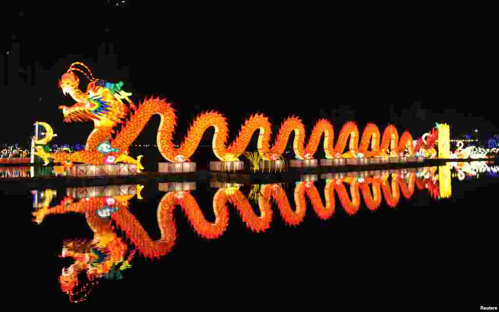 A lantern installation of a dragon is displayed during a lighting test ahead of the park&#39;s lantern festival, in Nanchang, Jiangxi Province, China.