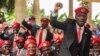 FILE - Singer turned politician Robert Kyagulanyi, also known as Bobi Wine, gestures during a press conference, held at his home in Magere in the outskirts of Kampala, July 24, 2019. 