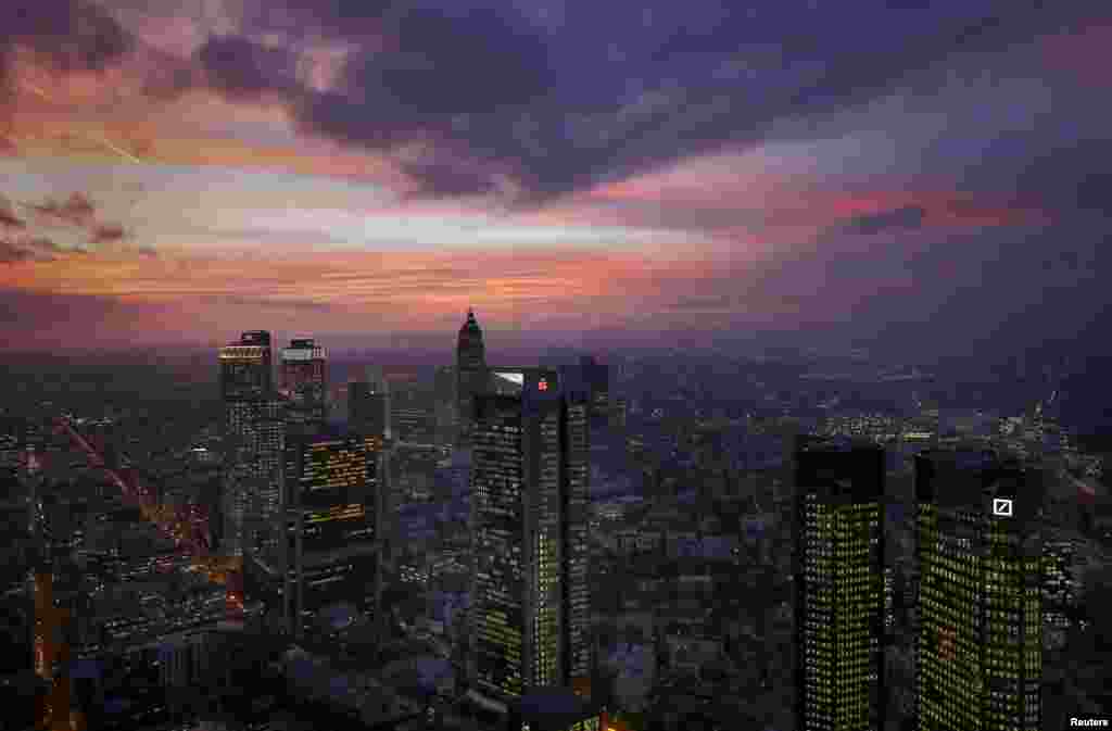 The skyline of Frankfurt, Germany, seen in the early evening