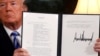 U.S. President Donald Trump holds a proclamation declaring his intention to withdraw from the JCPOA Iran nuclear agreement at the White House in Washington, May 8, 2018. Analysts say leaving the Iran nuclear deal is unlikely to derail momentum to reach a deal with North Korea. 
