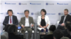 김종대 한국 정의당 의원(왼쪽부터), 조셉 윤 전 국무부 대북정책 특별대표, 이재정 더불어민주당 의원, 카네기국제평화재단의 토비 달튼 부국장이 19일 워싱턴의 민간단체인 애틀랜틱 카운슬이 주최한 토론회에 참석했다. 출처: Atlantic Council 